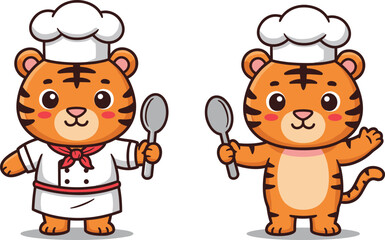 Cartoon tiger chefs cooking, cute animal illustration, culinary character design, playful kitchen theme, kids artwork, chef costume, spoon holding pose