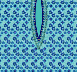 Blue and green floral textile with central ornamental neckline on light blue background