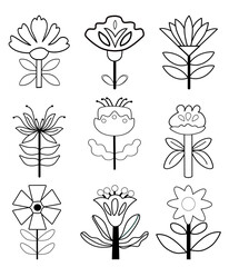 Minimal floral line art vector set simple flower outlines coloring books modern botanical design projects.