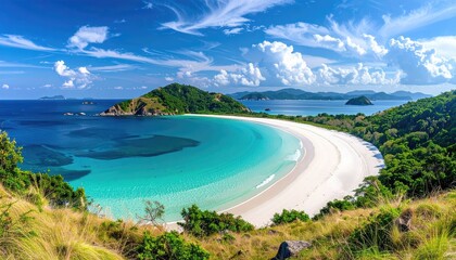 Panoramic Tropical Beach Paradise With Lush Green Hills And Turquoise Ocean Water Under a Bright Blue Sky With Fluffy White Clouds