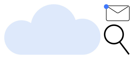 Blue cloud next to envelope with notification dot and magnifying glass. Ideal for data storage, organization, communication, backup, cloud technology, search systems, and tech workflow. Clean flat