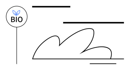 Leaf inside circular bio label, cloud-shaped lines, and minimalist strokes. Ideal for sustainability, ecology, organic products, environment, green living, branding simple flat metaphor