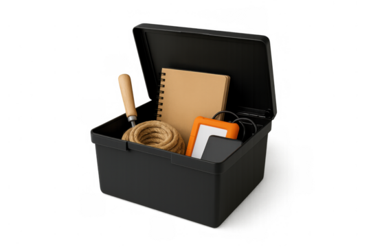Black storage box containing essential outdoor items, notebook, technology hard drive, and rope on transparent background