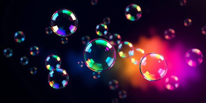 Shimmering rainbow soap bubbles floating on a dark background, surface tension, science - Powered by Adobe