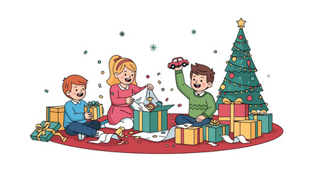 Three kids open gifts around a decorated Christmas tree surrounded by presents and wrapping paper