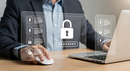 Cybersecurity Concept Business Professional Protecting Digital Data with Lock Icon and Password Field Overlay on Futuristic Interface