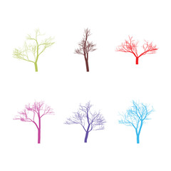 Fototapeta premium Colorful Minimalist Tree Silhouettes Collection with Green Brown Red Pink Purple and Blue Trees on White Background