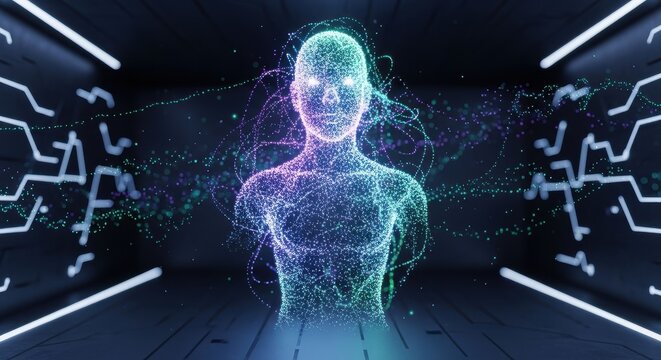 Digital human figure glows with vibrant colors in a futuristic space representing artificial intelligence and advanced technology in a modern and abstract design