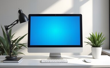 estop computer screen on white desk,working space,working background ,interior of woking room,work from home,classic blue concept. High quality