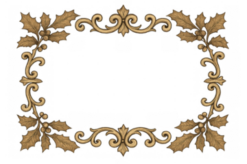 Golden holly christmas border with ornate scroll frame, vintage festive decoration element on transparent background