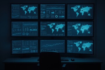 Global data monitoring screens show world maps and charts with digital interface and server room atmosphere, data analysis, digital interface, technology
