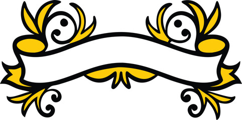 Ornate design with a central blank white banner flanked by swirling black and gold floral motifs. The style is elegant and decorative.