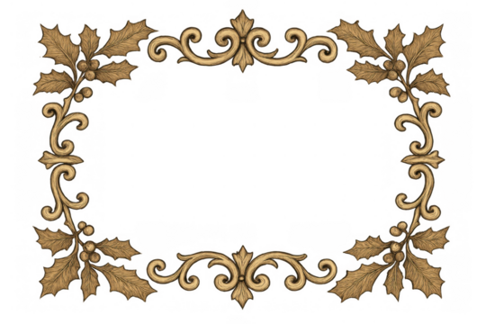 Golden holly christmas border with ornate scroll frame, vintage festive decoration element on transparent background