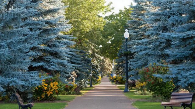 A path in a park lined with blue-green trees and benches, leading to a sunlit clearing