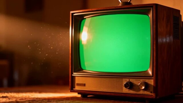 An old vintage television switches on, revealing a glowing green screen suitable for chroma key and video compositing, creating a nostalgic retro feel, perfect for world television day - Powered by Adobe