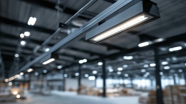 In a contemporary warehouse, retail mall, office, or other commercial real estate structure, directional LED lights are mounted on tracks beneath the ceiling.