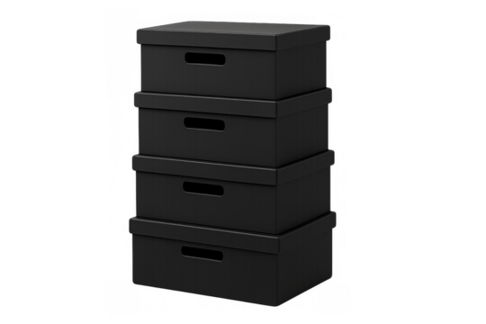 Stack of black storage boxes with lids for organizing home, office, and business items, transparent background
