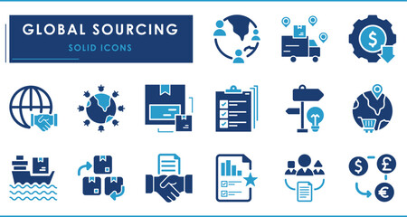 Global Sourcing related solid icons set. Vector filled icons.