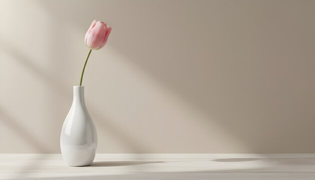 Single pink tulip in a white vase casting shadows on a soft background