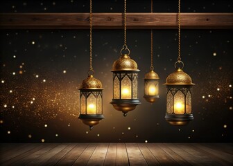 Obraz premium Vintage gold and black glitter lanterns hung from a wooden beam against a dark