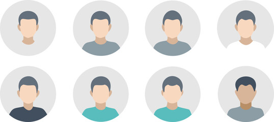 A grid of eight circular gray icons featuring simplified, faceless male avatars with short, dark hair and different shirt colors, against a white background.