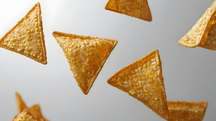 Crispy Triangle Corn Chips Flying in Air on White Background