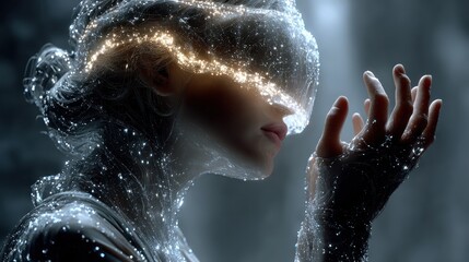 Mystical portrait of a woman with glowing particles, digital art illustration