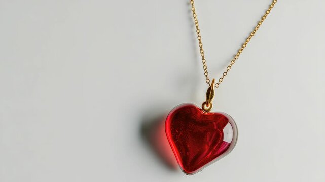 Red glass heart pendant on gold chain against white background