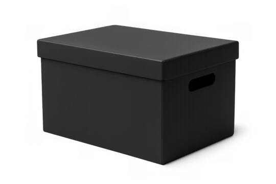Black storage box with lid and handle cutout, minimalist rectangular container for products, files, or moving items