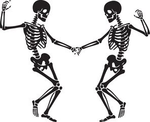 Two joyful dancing skeletons holding hands, a fun and spooky illustration perfect for Halloween, friendship, or macabre celebration themes.