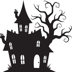 Spooky Haunted House and Dead Tree Silhouette Illustration - Creepy Halloween Mansion Vector Graphic.