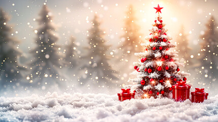 Obraz premium Beautiful snowy Christmas tree with red decorations and gifts