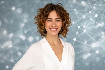 Fototapeta premium Bright lines and glowing nodes connect around a woman, symbolizing digital networks and technology. The visuals emphasize innovation and data flow.