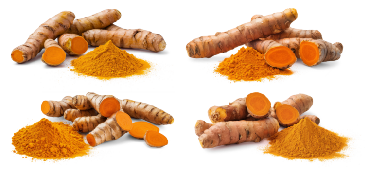 turmeric roots and powder on white background.