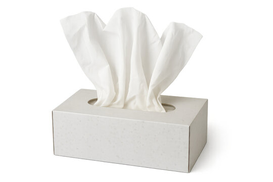 Tissue box dispensing white paper tissues for hygiene, allergy, cold, flu, and sickness relief with transparent background