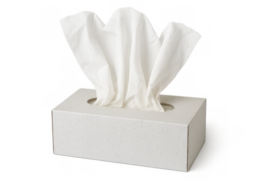 Tissue box dispensing white paper tissues for hygiene, allergy, cold, flu, and sickness relief with transparent background