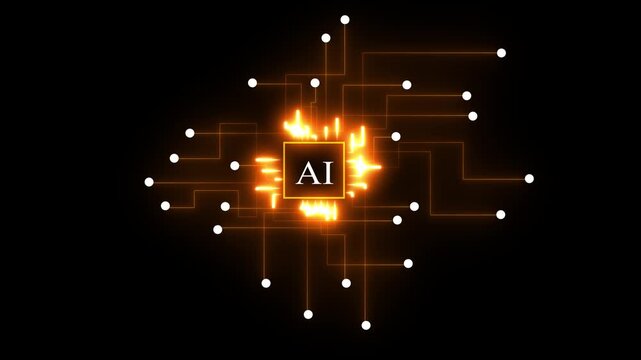 Abstract glowing orange circuit board with AI text and white nodes on black background artificial intelligence