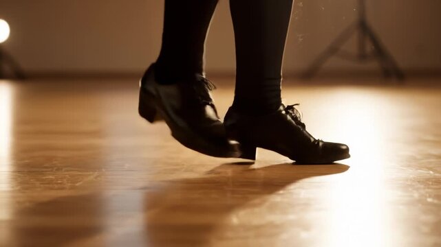 Feet Wearing Dress Shoes Tap Dancing on Wooden Floor