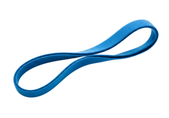 A single bright blue rubber band twisted into a figure eight shape isolated on transparent background