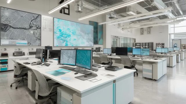 研究施設風の地図表示オペレーション室