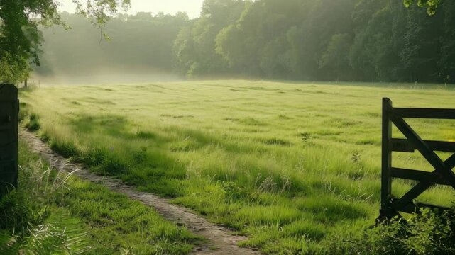 Lush, green meadow surrounded by trees with dirt path and rustic wooden gate