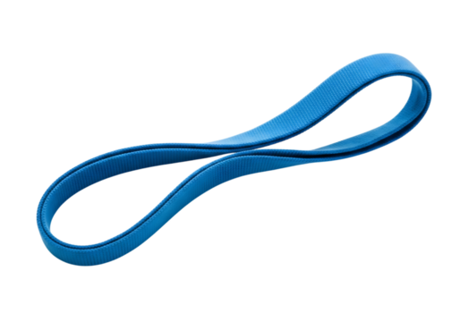 A single bright blue rubber band twisted into a figure eight shape isolated on transparent background