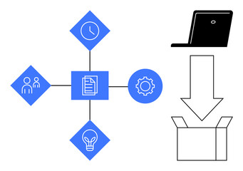 Linked icons for teamwork, time, planning, and innovation with a file in the center. Laptop, arrow, and box represent task completion and delivery. Ideal for project management, business process