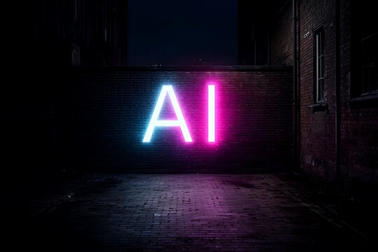 Neon AI sign glowing on brick wall in urban alleyway, a vibrant symbol of artificial intelligence and futuristic technology concepts for innovative marketing campaigns