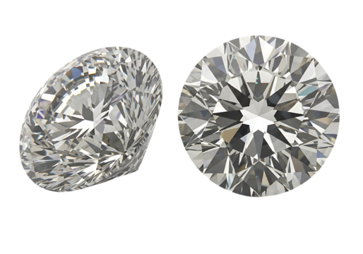 Two sparkling brilliant cut diamonds shown from different angles isolated on transparent background