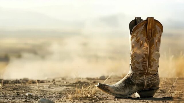Single worn cowboy boot on dry, dusty ground in open field with muted background