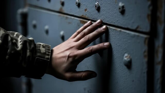 Person in camo touches old metal door, hand on door, military concept.