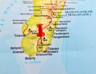View of Mount Ivakoany, Madagascar, on a geographical map of Africa, marked with red pushpin