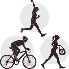 Fototapeta premium Silhouettes of three athletes: one running with a raised arm, one cycling, and one walking with a bag. Energetic and dynamic, conveying motion.
