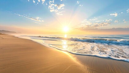 Golden Sunrise Over A Sandy Beach With Gentle Waves And Wispy Clouds Casting Sunbeams Across The Sky